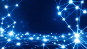 avral.net에 관련된 블록체인 기술을 보여주는 미래형 디지털 풍경