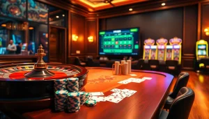 Experience winning at the luxurious RR88 casino with vibrant poker chips and thrilling slot machines.