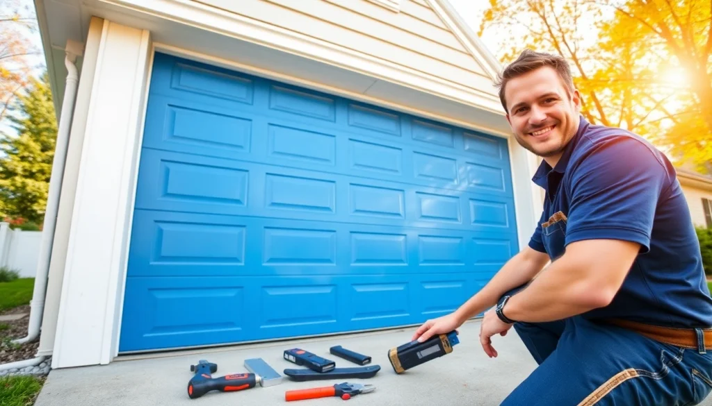 Garage Door Company in Carver, MA, showcasing a technician installing a modern garage door.