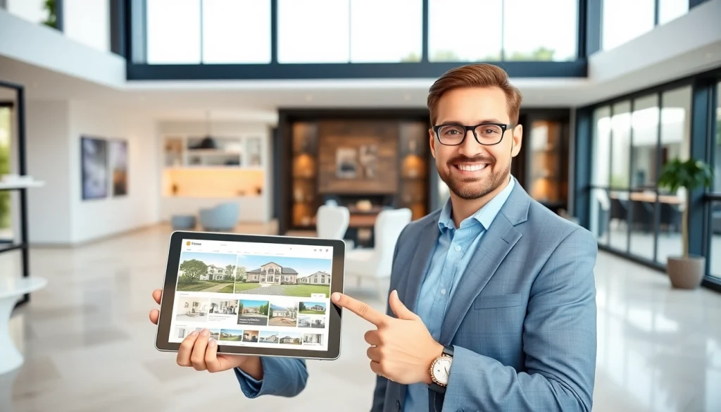 Real estate expert presenting properties through www.tbplhomes.com in a modern office.