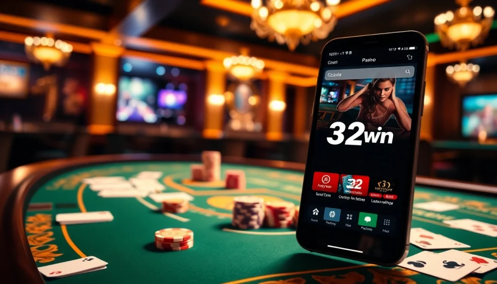 The 32win app displayed on a sleek smartphone in a vibrant casino environment, highlighting luxury and excitement in gambling.