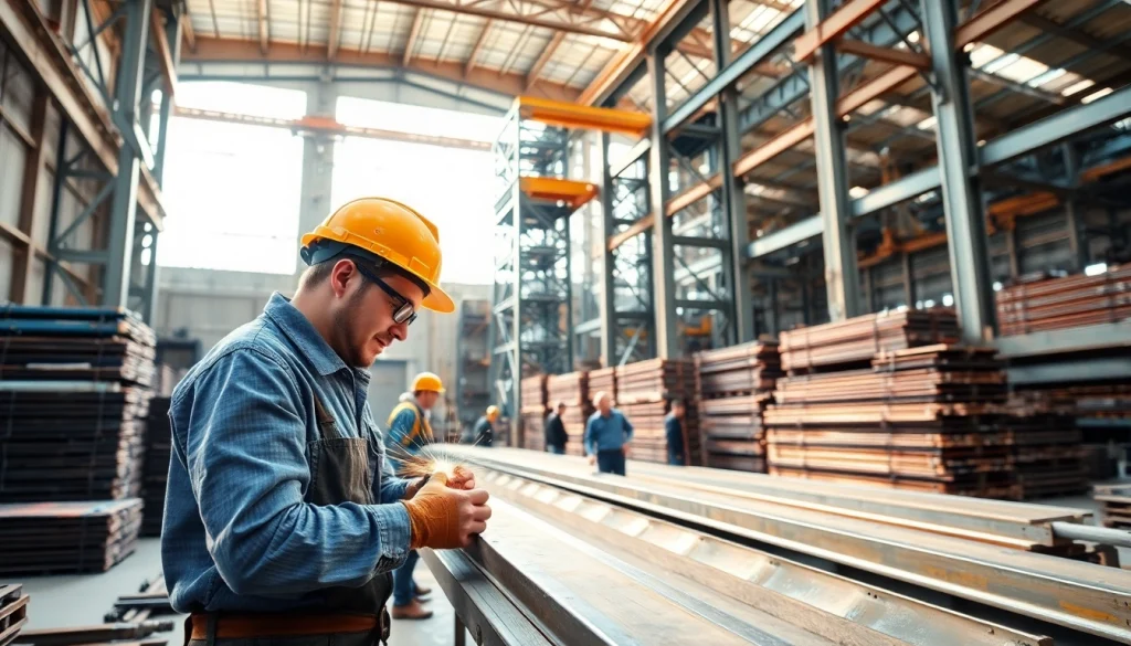 Craftsmen engaged in structural steel fabrication while welding large beams in a vibrant workshop.