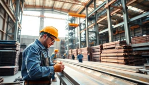 Craftsmen engaged in structural steel fabrication while welding large beams in a vibrant workshop.