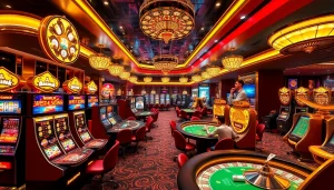 Engaging scene of a bustling casino capturing the excitement of trang chủ rr88 with dynamic gaming actions.