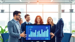 Showcasing business growth insights in a vibrant office environment, with professionals analyzing data.