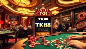 Players engaging with the TK88 slot machine amidst an elegant casino atmosphere.