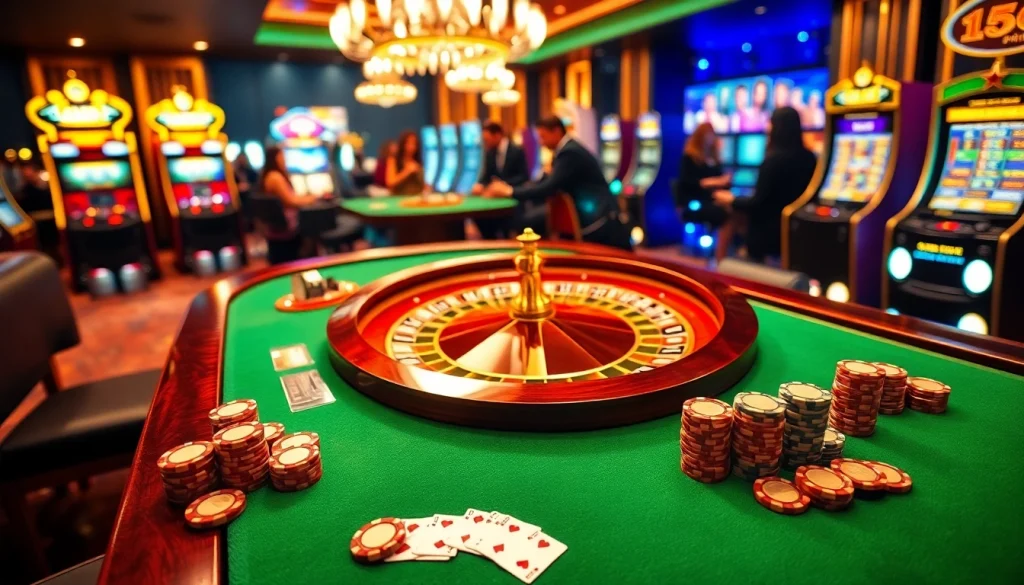 RR88 casino scene featuring a roulette table, poker cards, and vibrant gaming atmosphere.