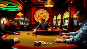 Engaged players enjoying an exciting gaming experience at Nhà cái KKWIN casino with vibrant tables and roulette.