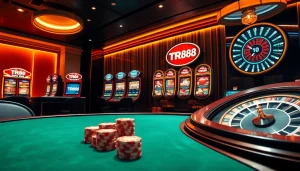 Playing TR88 nổ hũ on luxurious slot machines in an exciting casino setting.