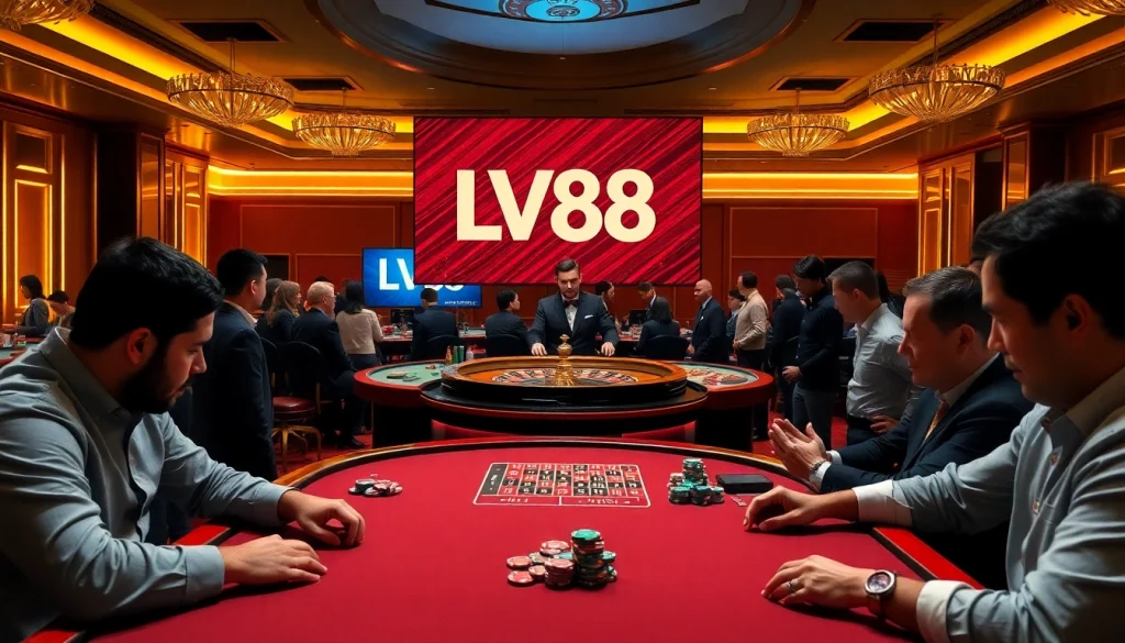 Players enjoying a thrilling game at LV88 casino with vibrant roulette and poker action.