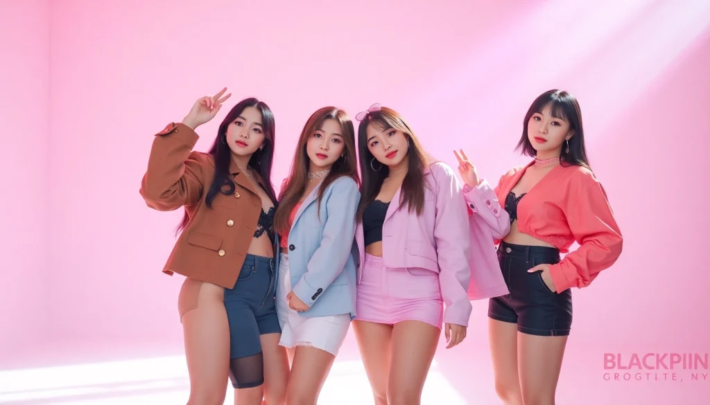 Blackpink members showcase their unique styles and unity in a vibrant studio setting.