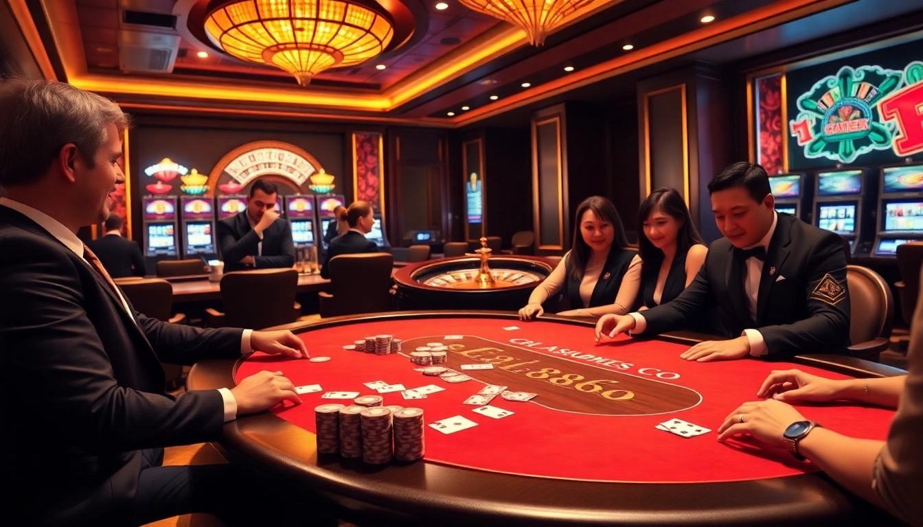 Players enjoying classic games at a luxurious casino table featuring CM88 elements.