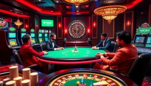 Players engaging in high-stakes poker at an MK8 casino, showcasing excitement and luxury.