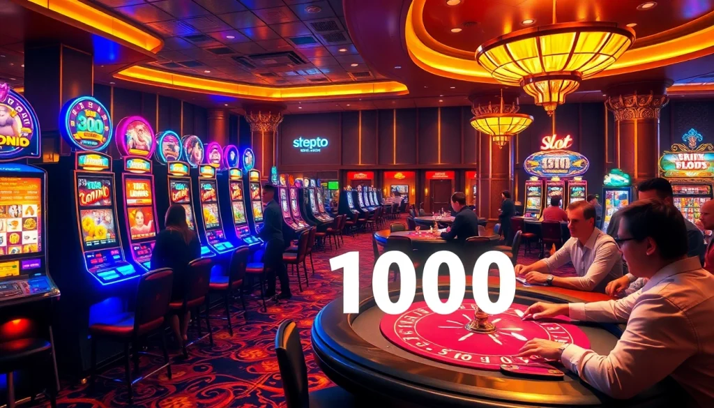 Experience the thrill of slot depo 1000 at a luxurious casino filled with vibrant slot machines and excited players.
