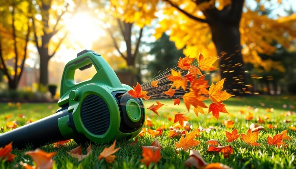 Efficient electric leaf blower clearing autumn leaves in a garden.