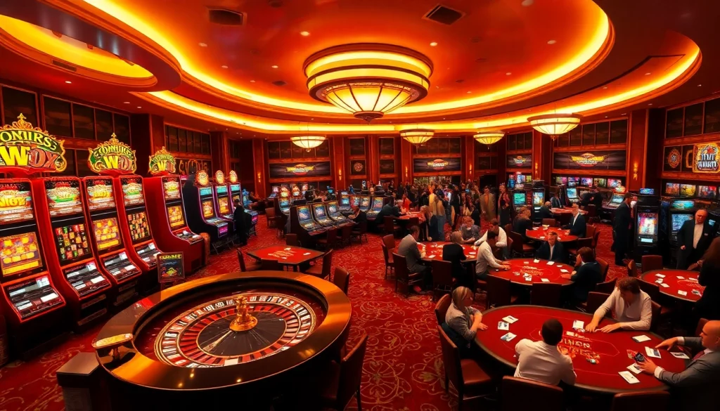 Players enjoying a vibrant casino with game vmax featured on screens and roulette tables.