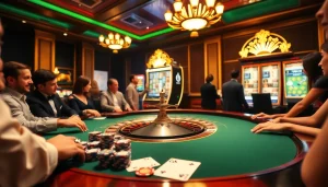 Engage with the onicplay platform at a vibrant casino, featuring roulette, poker chips, and slots.