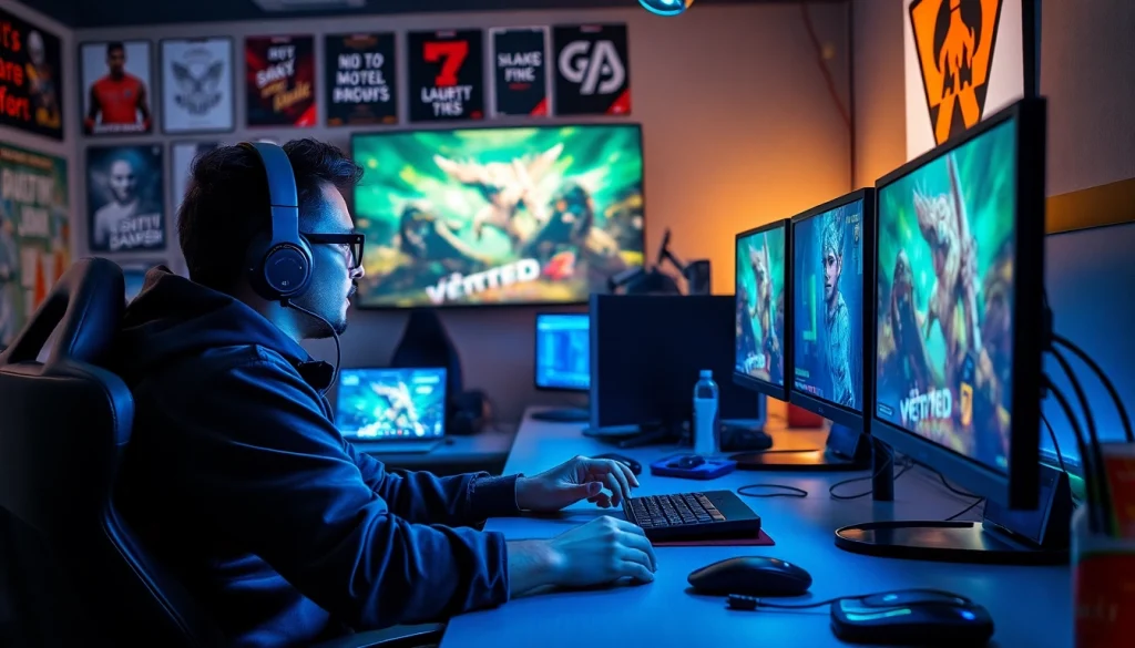 Ramtoto kompetisi game online dengan gamer fokus di layar dan suasana yang energik.