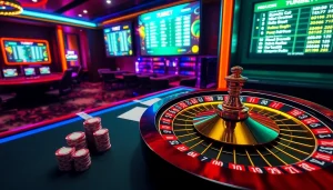 Experience the excitement of 7upbet with vibrant roulette wheels and stacked poker chips in a digital casino.