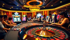 S8 players enjoying a thrilling game at a luxurious casino with roulette and poker elements.
