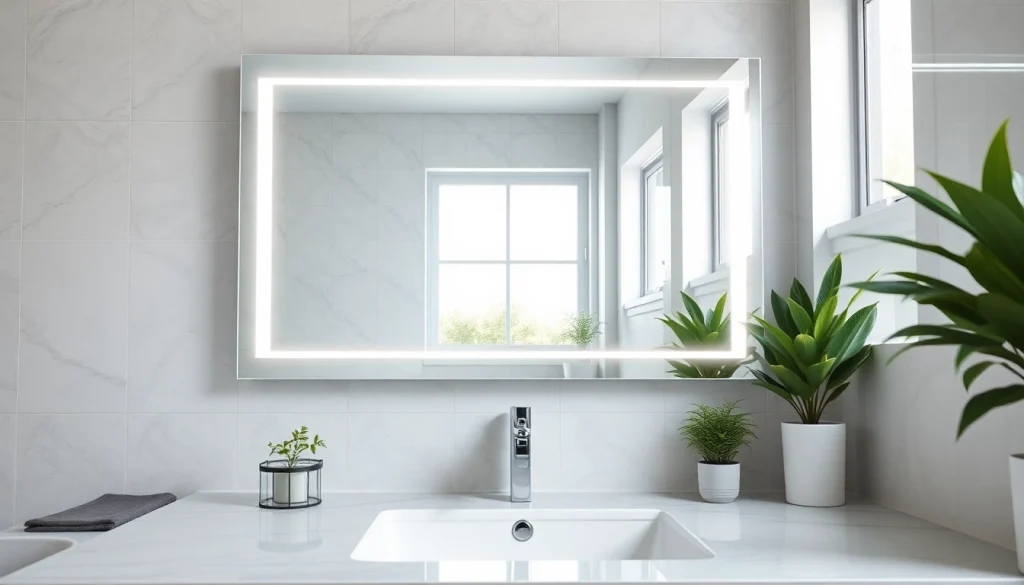 Elegant bathroom mirror reflecting modern design with LED lighting in a stylish bathroom.