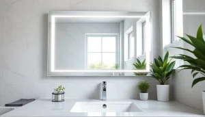 Elegant bathroom mirror reflecting modern design with LED lighting in a stylish bathroom.