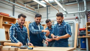 Tradesmen displaying skills in trade schools oahu workshops, showcasing carpentry and electrical work.