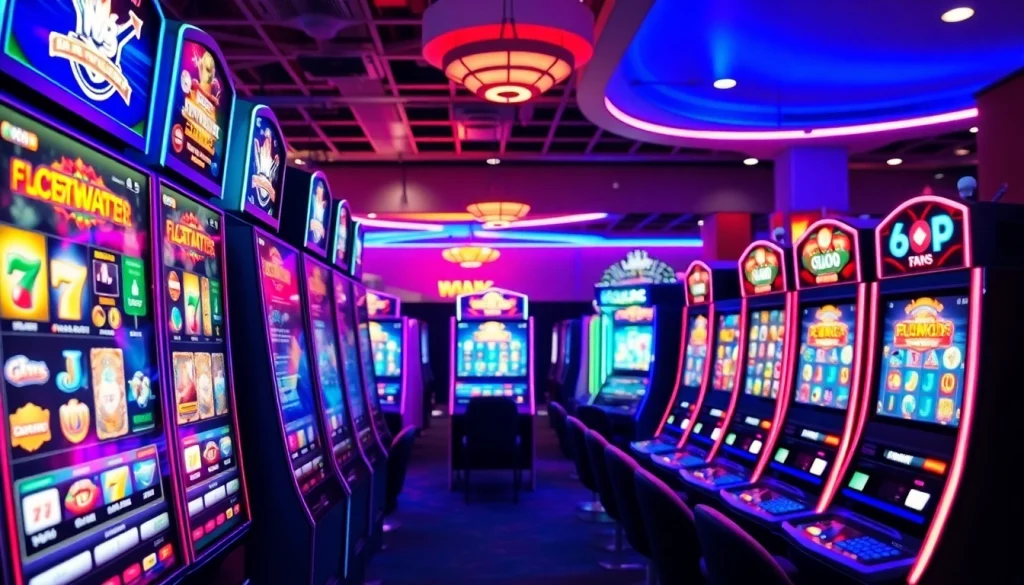 Menampilkan pengalaman bermain slot depo 1k dengan suasana kasino yang berwarna-warni dan dinamis.