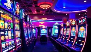 Menampilkan pengalaman bermain slot depo 1k dengan suasana kasino yang berwarna-warni dan dinamis.