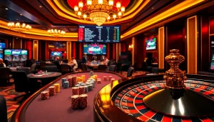 Sbobet betting action at a luxurious casino table with poker chips and roulette wheel, capturing excitement.