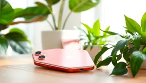 Captura del iPhone 15 rosa en un entorno natural y acogedor.