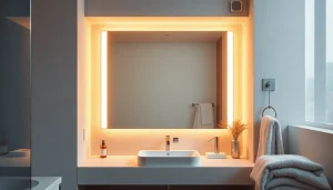 Showcase of a stylish mirror and led lights enhancing a modern bathroom ambiance.
