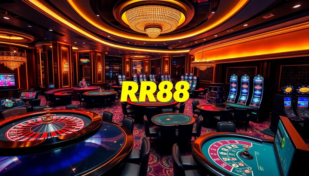 Players enjoying RR88 casino games at vibrant tables, featuring roulette wheels and slot machines.
