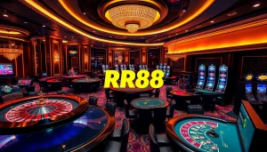 Players enjoying RR88 casino games at vibrant tables, featuring roulette wheels and slot machines.