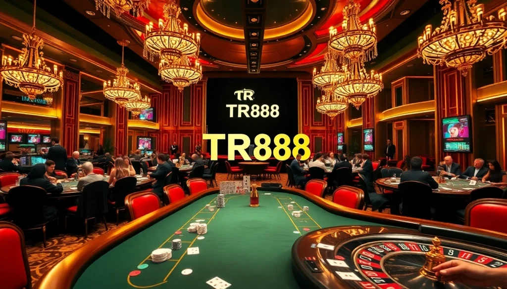 Engage in high-stakes gambling at a luxurious casino, featuring TR88-themed poker tables and vibrant decor.