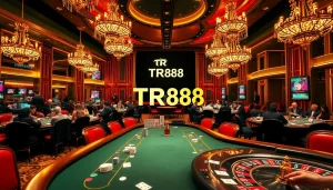 Engage in high-stakes gambling at a luxurious casino, featuring TR88-themed poker tables and vibrant decor.