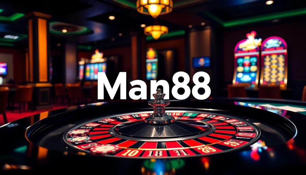 Experience thrilling games at Man88's vibrant casino tables with roulette, cards, and vibrant chips.