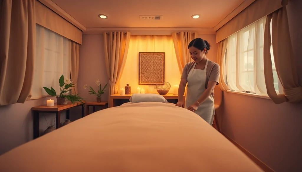 전문 마사지사와 차분한 분위기의 출장마사지 세션 환경.