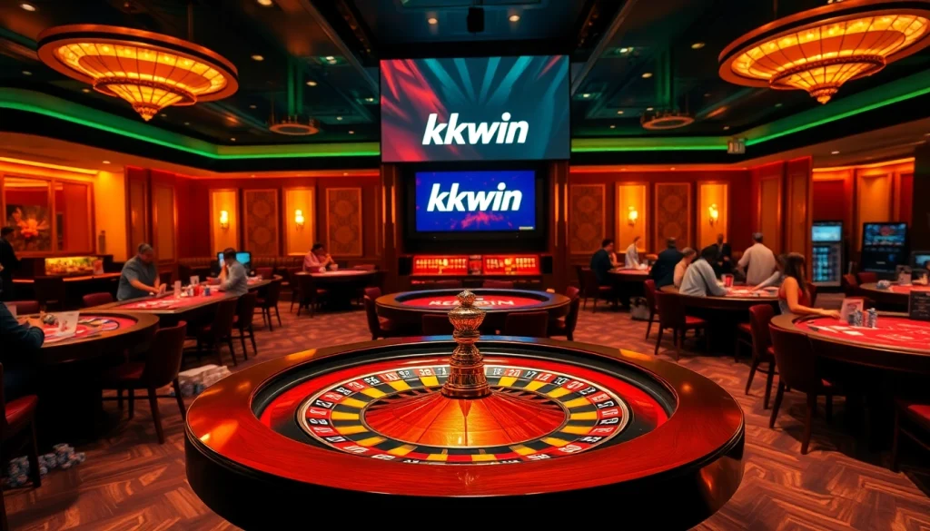 Kkwin players engaged in thrilling gameplay at a luxurious casino table with bright lights and vibrant poker chips.