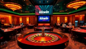 Kkwin players engaged in thrilling gameplay at a luxurious casino table with bright lights and vibrant poker chips.