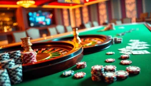 Engage with thrilling רמי אונליין gameplay featuring vibrant casino elements like poker chips and roulette.