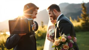Calgary videographer documenting a romantic wedding outdoors during sunset.