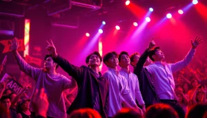 BTS members performing energetically on stage with vibrant lighting and enthusiastic fans.