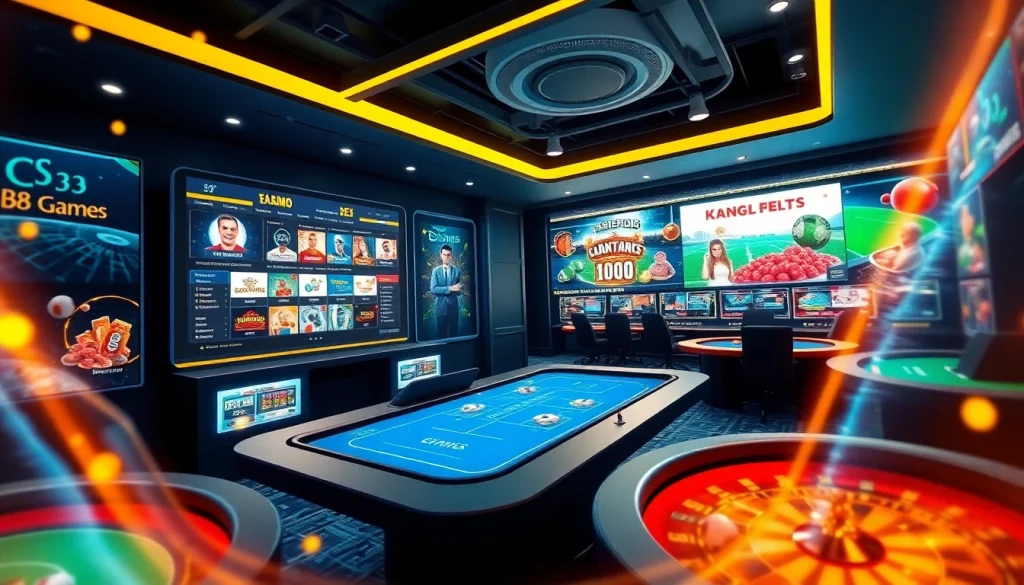 Dynamic gaming scene featuring BJ38 online betting options with dealers and digital games.