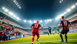 مشهد مباراة كرة قدم مثير مع لاعبين أثناء الحركة يعكس أجواء كورة لايف في ملعب حيوي.
