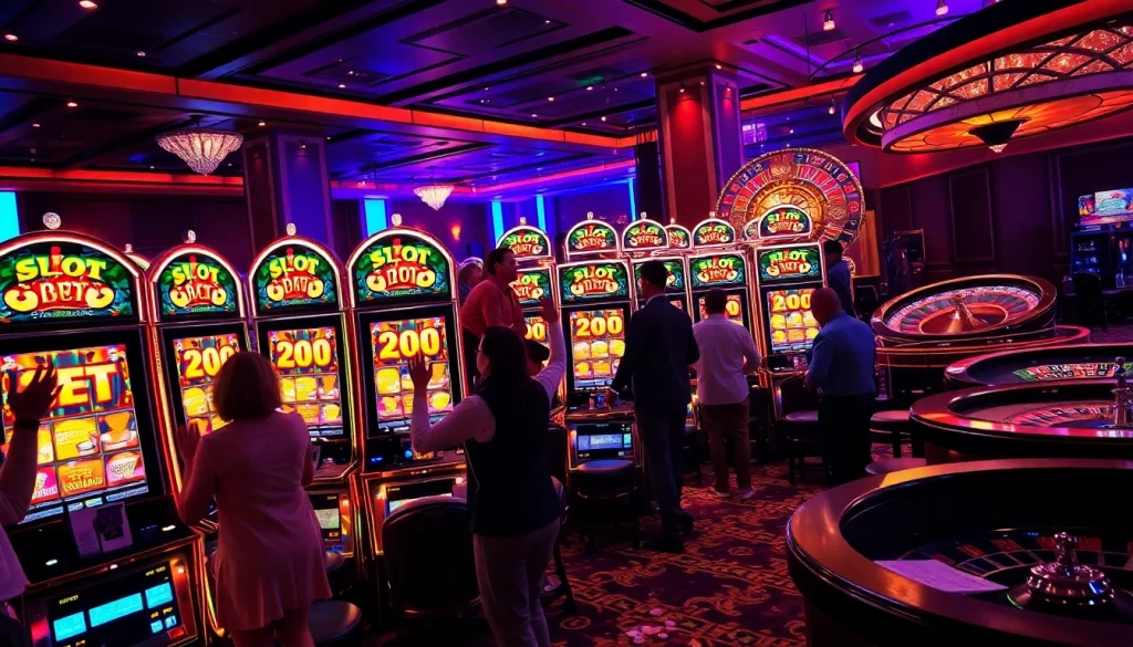 Pemain menikmati permainan taruhan slot 200 yang mendebarkan di kasino mewah.