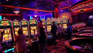 Pemain menikmati permainan taruhan slot 200 yang mendebarkan di kasino mewah.