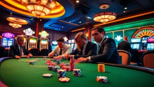 Experience the thrill at https://qq88.life/ with a vibrant casino scene featuring engaged poker players and flashing slot machines.