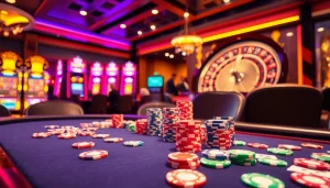 Exciting casino moment with kerajaanslot themes at a poker table, vibrant chips and bright slot machines.