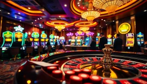 Experience the excitement of Tool xổ số siêu tốc at a vibrant casino with roulette and slot machines.